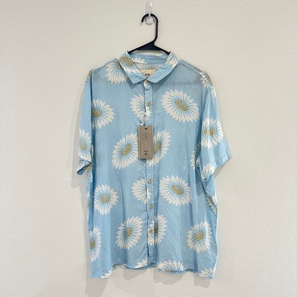 NWT Folk Drake Short Sleeve Button Down Shirt Blue White Daisy Floral Size Large